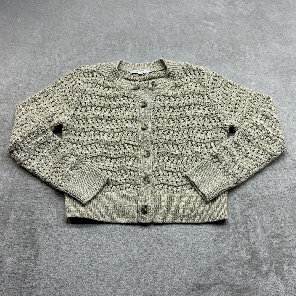LOFT Cardigan Women's L Gold Metallic Pointelle Knit Boho Preppy Classic Button